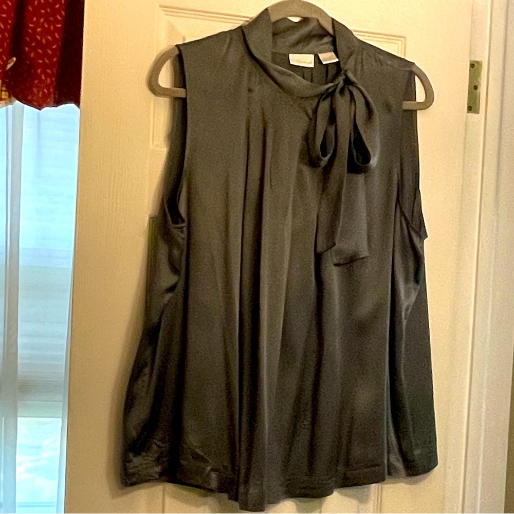 Charcoal gray 100%silk sleeveless blouse with side neck tie, women’s size 20